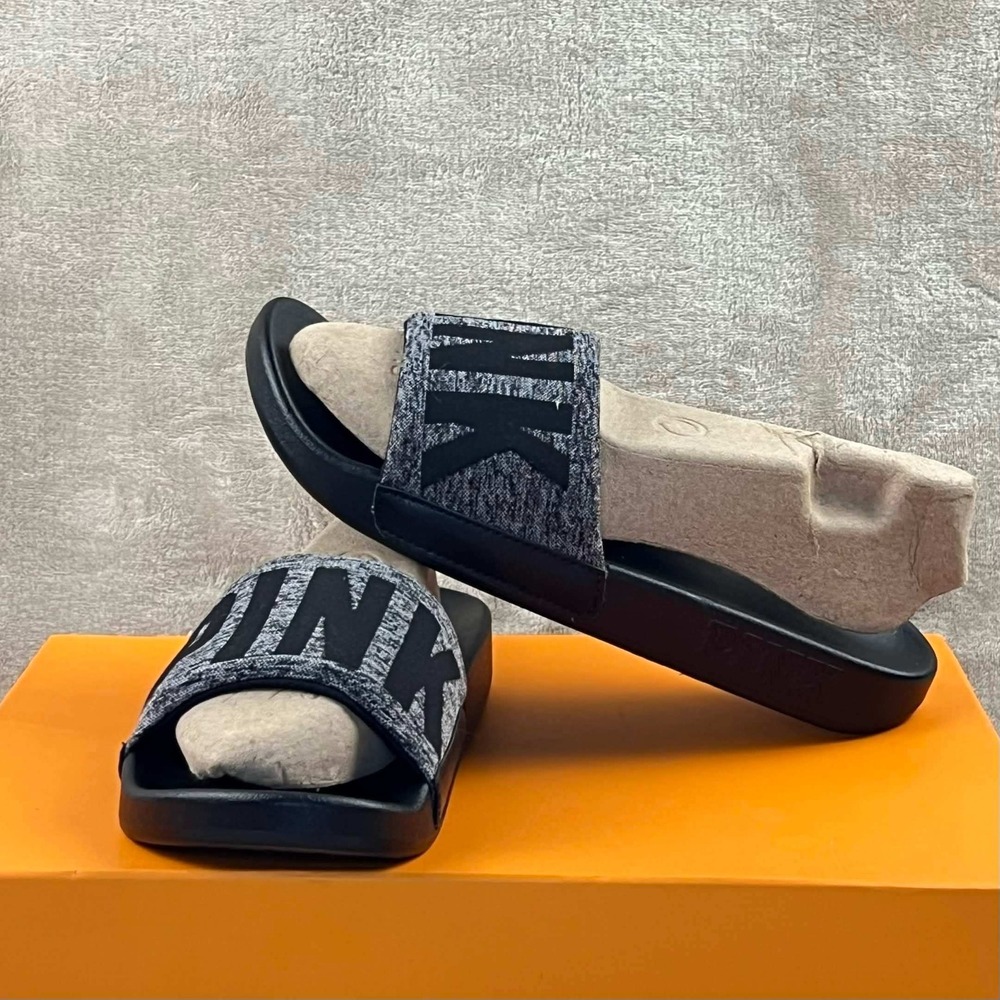 Victorias Secret PINK Slide Sandals Marled Grey Black Logo Strappy Shoes Size 7